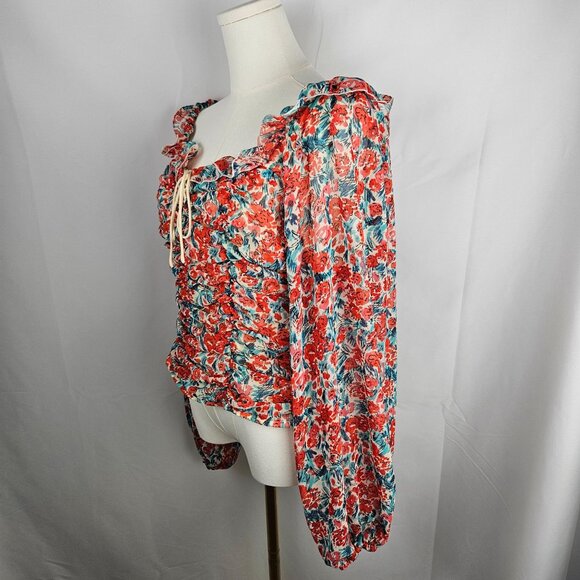 NEW! Free People Mabel Printed Blouse Sz Large Roses Combo Lace-Up Front Boho - Picture 5 of 12